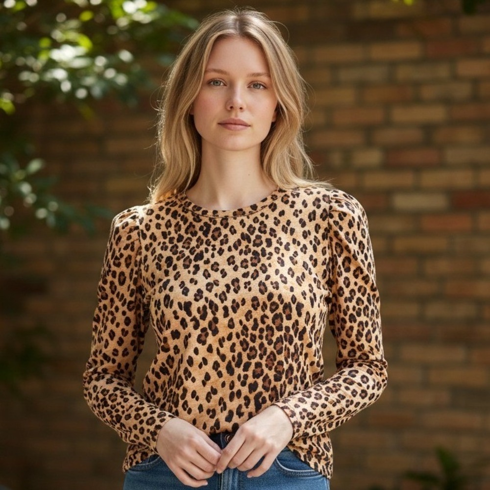 Veronica Beard Jeans Leopard Print Pima Cotton Puff Sleeve Top Brown Large